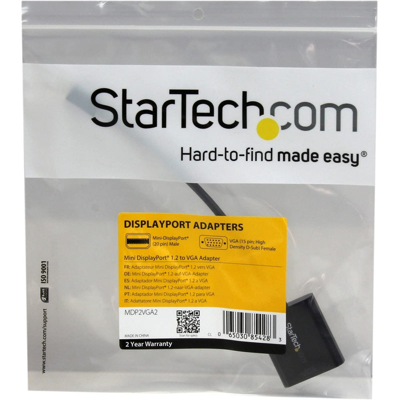StarTech.com Mini DisplayPort to VGA Adapter - Active Mini DP to VGA Converter - 1080p Video - mDP or Thunderbolt 1/2 Mac/PC to VGA Monitor/Projector/Display - mDP 1.2 to VGA Dongle - Black (MDP2VGA2)