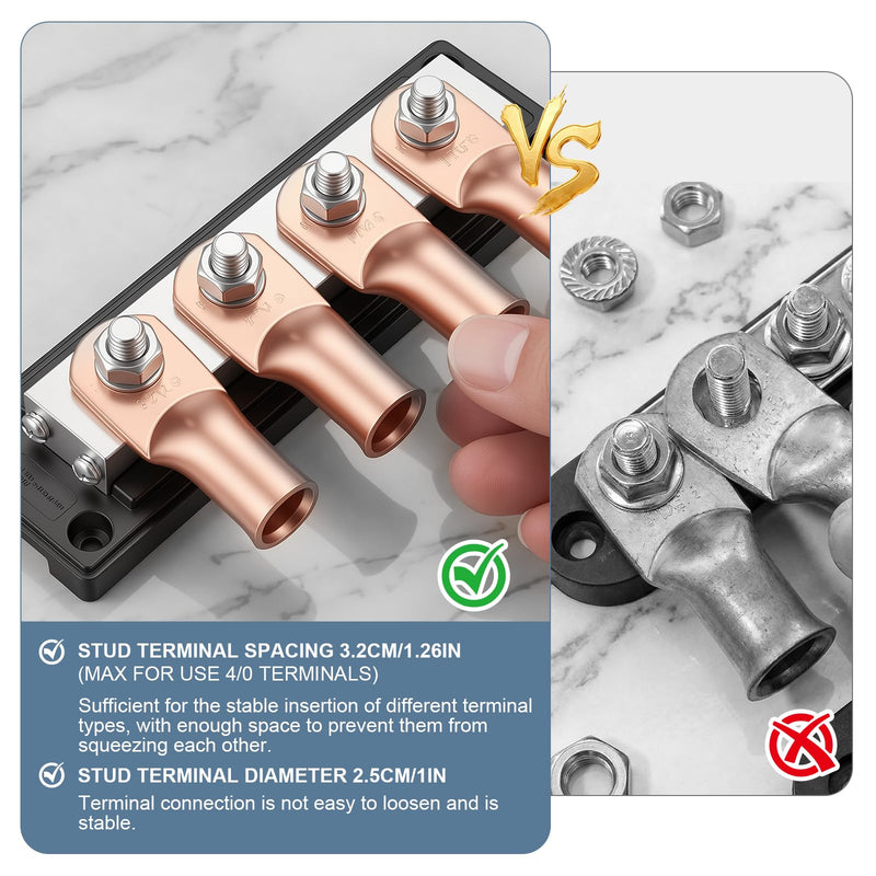 600A 48V DC Heavy Duty Bus Bar Power Distribution Terminal Block | C11000 tin-plated copper,4×M10+4×M4 studs,quick mount,for marine,automotive,RV,boat,solar positive negative power busbar