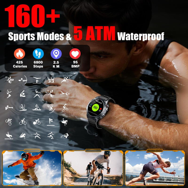 Jugeman Military Smart Watch for Men Built-in GPS with LED Flashlight-Black | 1.43" AMOLED Display, 5ATM Waterproof, Compass, Fitness Tracker, Heart Rate/Sleep/Blood Oxygen, Watches for Android/iPhone Black