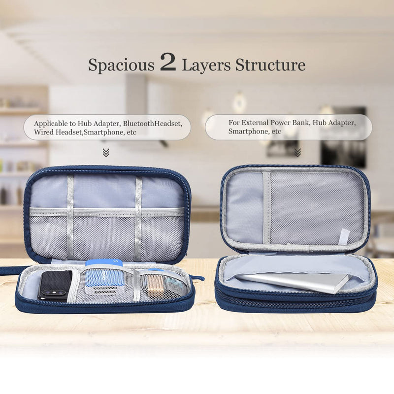 Portable, Waterproof Electronics Accessories Case and Organizer Bag for Cables, USB Drives and Chargers Double Layer - Navy Blue