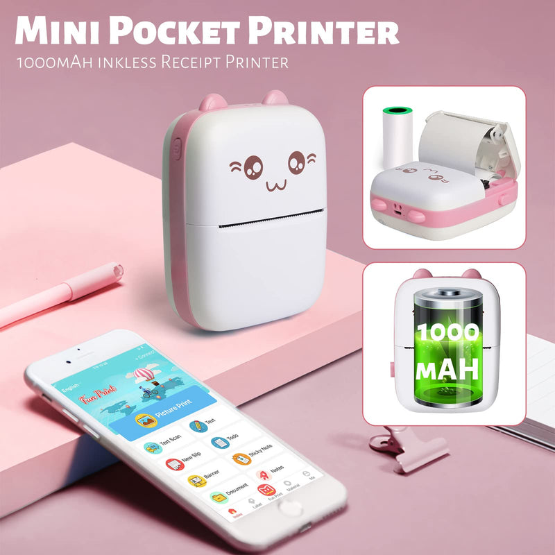 Mini Pocket Printer, Gifts for kids, Portable Thermal Printer for Pictures/Retro-Style Photos/Receipts/Notes/Lists/Label/ Memo/QR Codes, Bluetooth Wireless Smart Printer with Android or iOS APP (PINK) pink