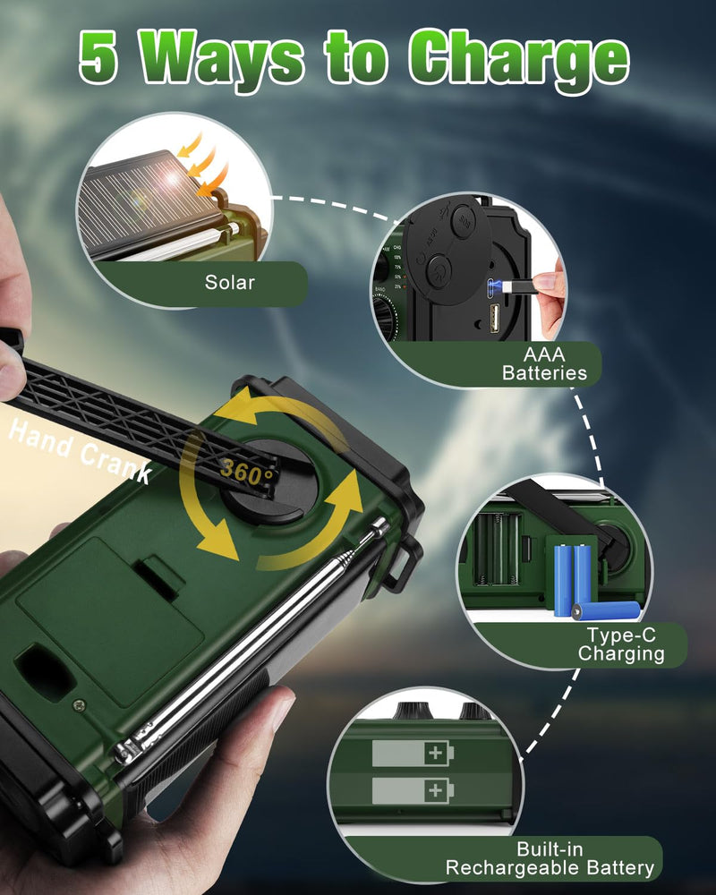 Emergency Radio, Solar Radio, 37000mWh Hand Crank Radio, NOAA AM FM Weather Radio, 5 Charging Methods, Polymer Battery, Flashlight & Reading Lamp, SOS Alarm, Phone Charger for Winter Storm Emergency Dark Green
