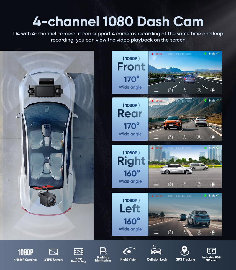 [AUSTRALIA] - AINAVIGO 4 Channel Dash Cam 360° View,1080P Front and Rear Inside, Left Right Dash Camera for Cars, 8 IR Lamps Night Vision,3inch Screen,G-Sensor,Parking Mode 