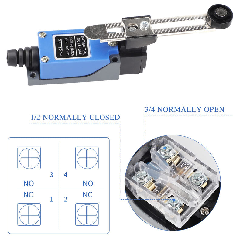 EXLECO 4 x Lever Limit Switch Adjustable Limit Switch with 5 cm Adjustable Roller Lever NO NC ME-8108 Limit Switch Self-Resetting Toggle Switch for CNC Router Plasma Electric Control Switch Pack of 4
