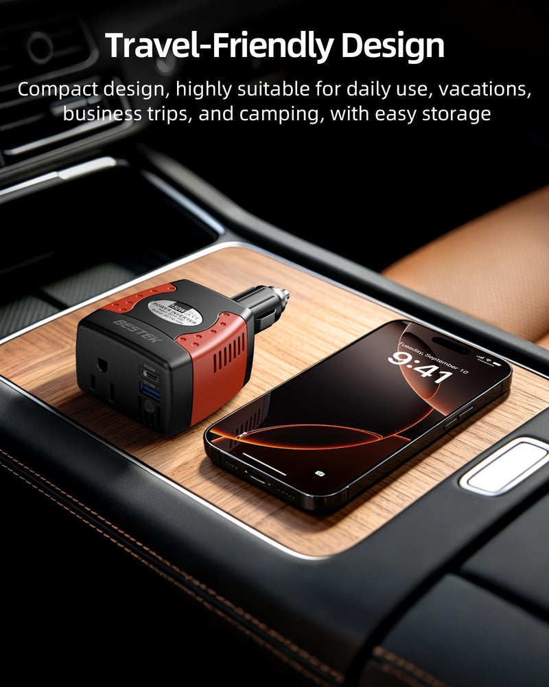BESTEK 150W Car Power Inverter 12V to 110V AC Outlet PD 30W QC 18W USB | Voltage Converter/Car Charger/Power Adapter/Dual Charging Ports/Safety Protection/Road Trip/Camping Black