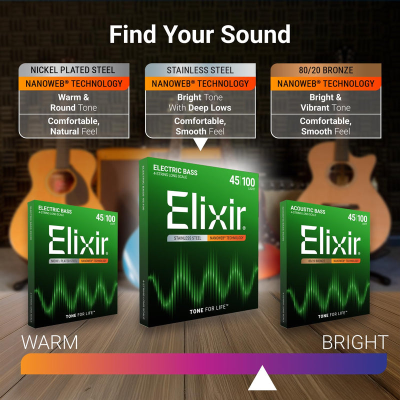 Elixir Strings Bass Guitar Strings (14702) Medium, Long Scale (.050-.105) 4 String Set