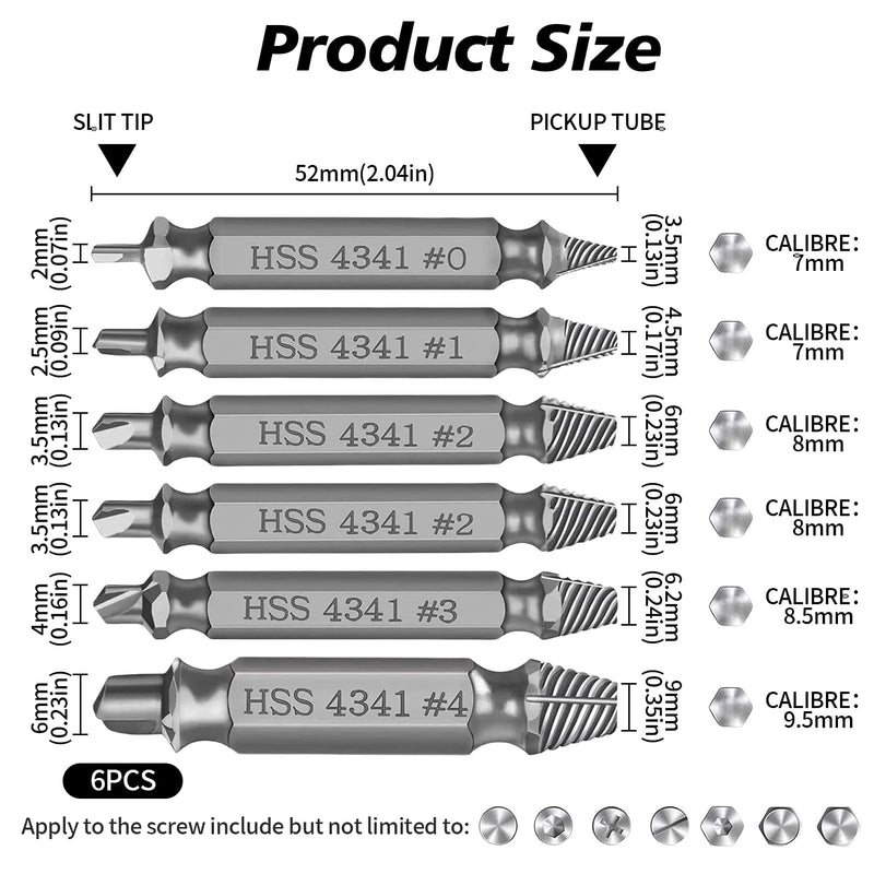 6 Piece Screw Extractor Set, Damaged Screw Remover Extractor, Double Head Left Extractor Set, Multiple for Removing Slightly Damaged Screws, Made of HSS 4341