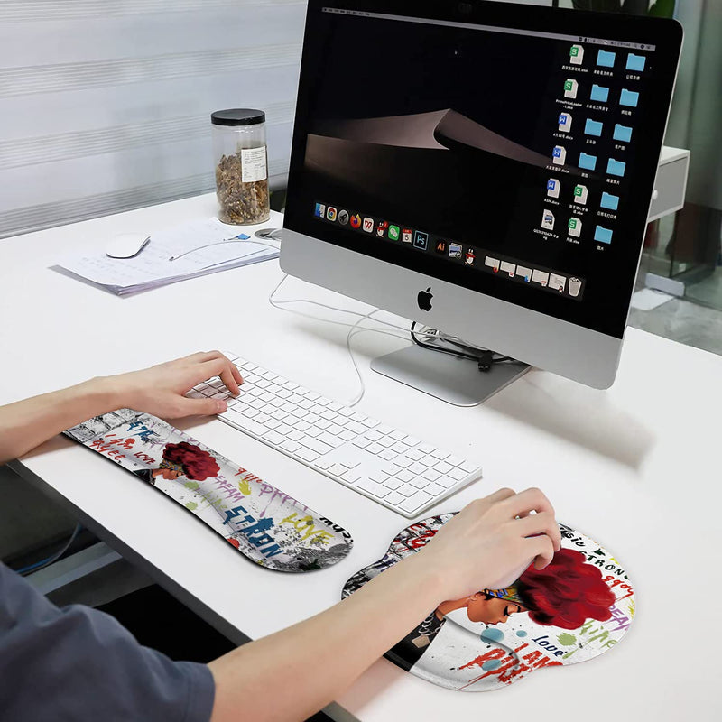 Ergonomic Mouse Pad Wrist Support Gel and Keyboard Wrist Rest Set for Laptop, Mac, Gaming and Office, Durable, Comfortable and Pain Relief + Coaster, African Black Woman Graffiti Girls