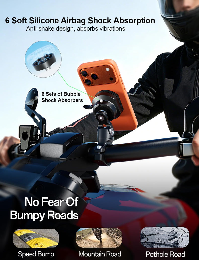 Kewig Aluminum Alloy Motorcycle Magnetic Phone Mount with Magnetic 4-Lock‌ | Vibration Dampener, 1s Auto Lock Bike Phone Holder with Metal Arm & Mounting Base, for 0.87"/1"/1.125"/1.26" Handlebar Short Arm