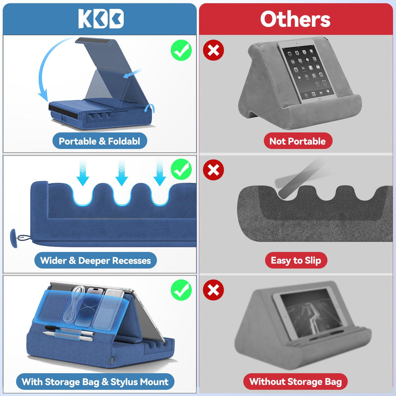 [AUSTRALIA] - KDD Tablet Pillow Holder, Foldable iPad Stand for Lap, Bed and Desk -Tablet Soft Pad Dock with Pocket & Stylus Mount Compatible with iPad Pro 12.9, 10.5, 9.7 Air Mini 6 5 4 3, Galaxy Tab,E-Reader Blue 