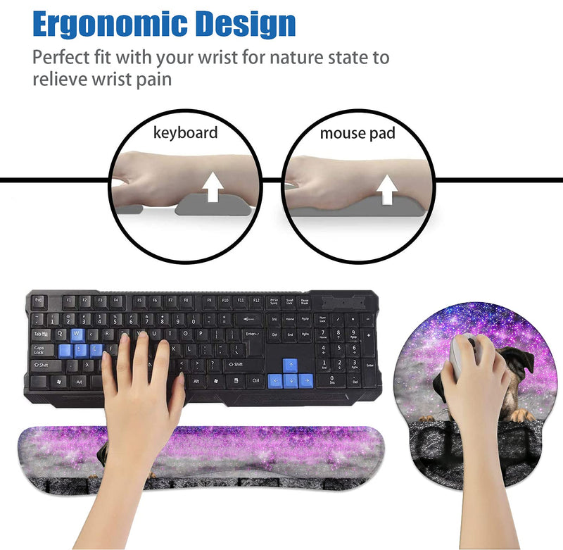 Keyboard Wrist Rest and Mouse Pad Wrist Support Set with Coasters, Non-Slip PU Base Ergonomic Gaming Mousepad for Home Office Working Studying Easy Typing & Pain Relief - Cute Pug