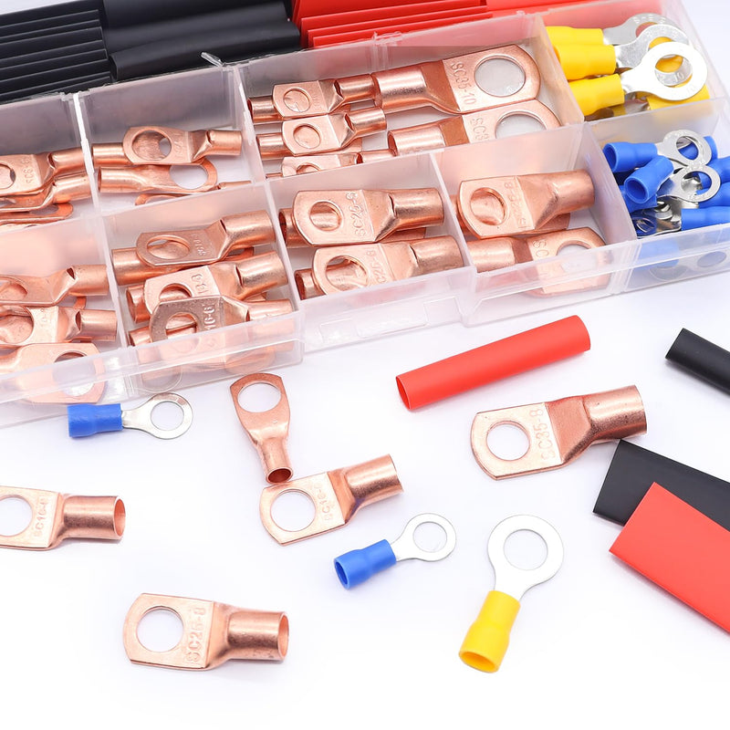 Taiss 110PCS Copper Wire Lugs,Battery lugs AWG 2/4/6/8/10/12/14/16 Gauge Copper lugs Assortment,Battery Cable Ends Copper Ring Terminals Connectors with Heat Shrink