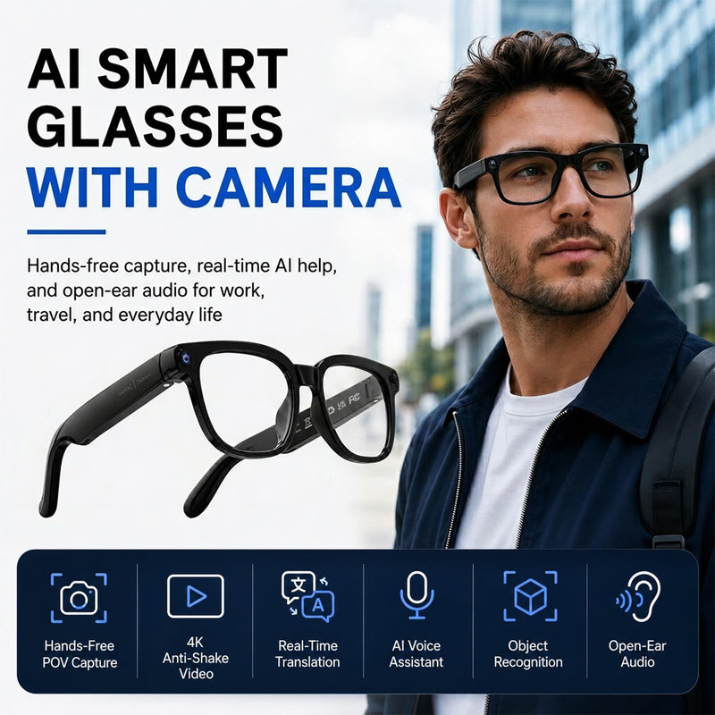 AI Smart Glasses with Camera, 4K Anti-Shake Video & Photo Capture. | Real-Time Translation, Object Recognition, AI Assistant, Open-Ear Audio, Smart Glasses with Camera and Bluetooth, Black