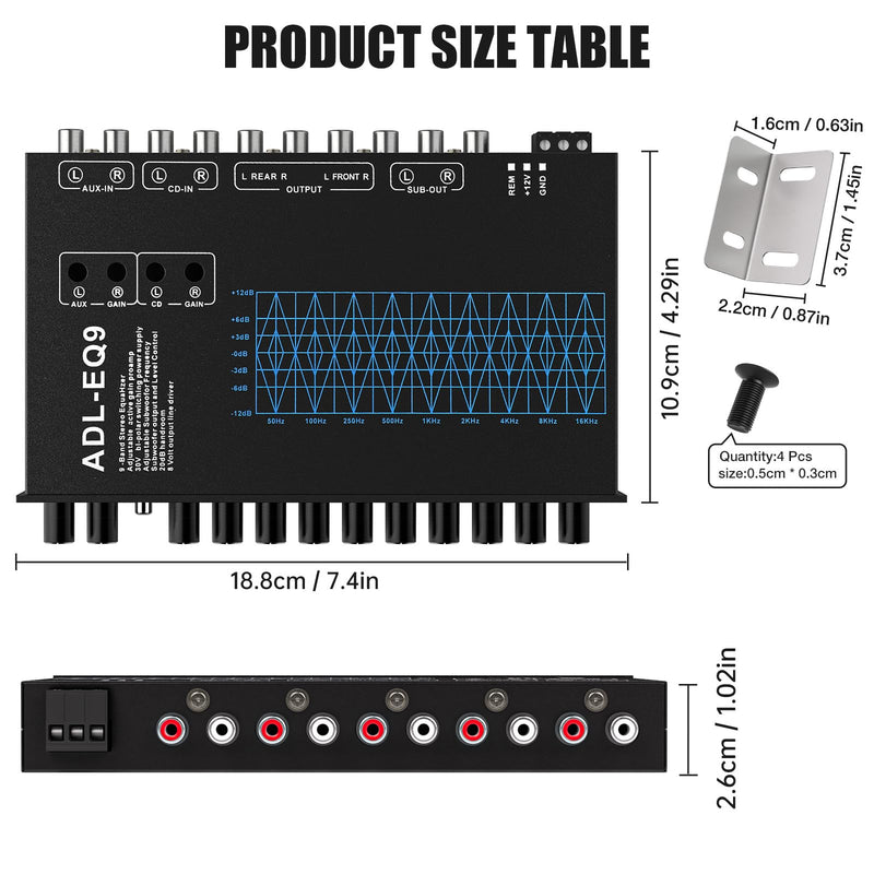 9 Band Car Audio Equalizer w/Front,Rear + Sub Output, 8V RMS Line Driver | Car Graphic Equalizer EQ, Frequency Adjustable Audio Output for Car, Boat W/CD/AUX Input, White Light Illumination 9 - Band