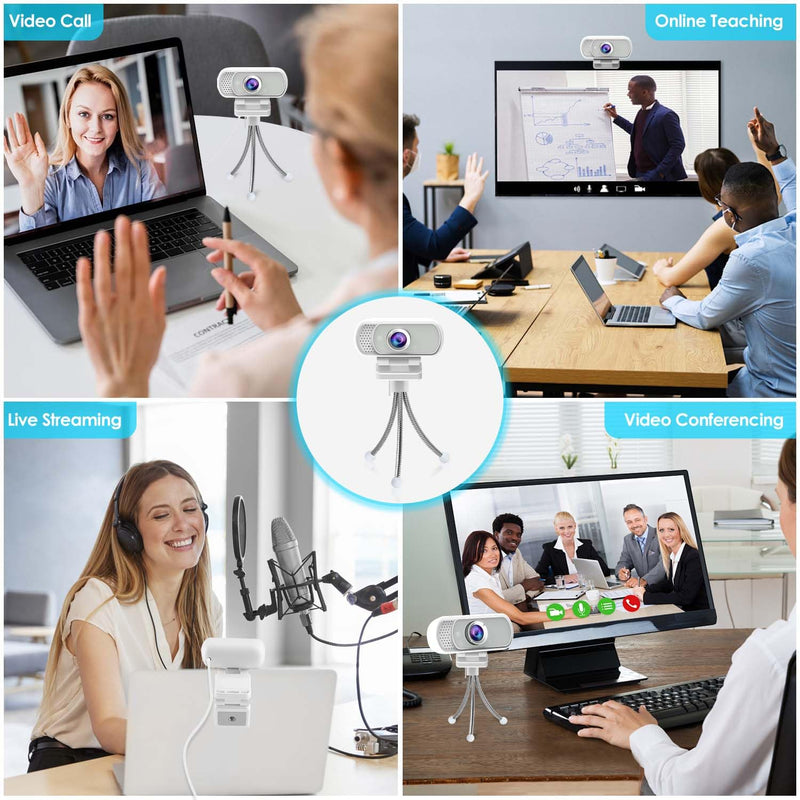 Webcam with Tripod Privacy Shutter: 1080P FHD Web Camera with Mic, Plug & Play USB A USB C Webcam with Stand, White Wide Angle Noise-Canceling Microphone Compact Web Cam for Online Meeting Classes White USB-C Webcam Cover & Tripod