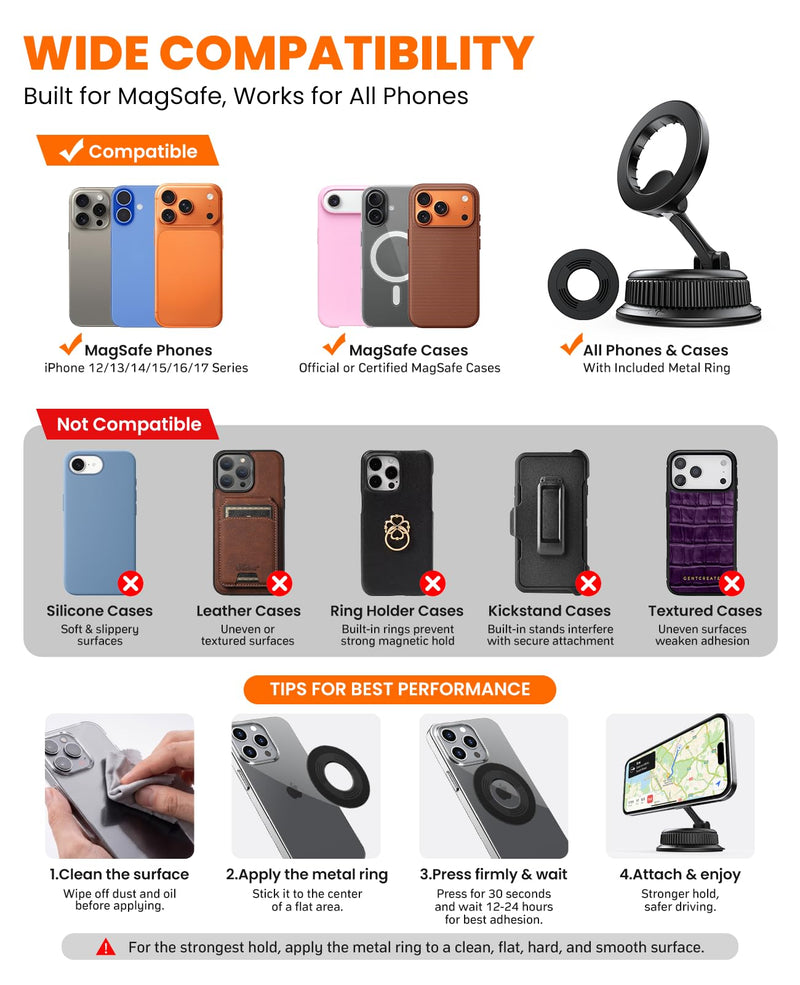 Magnetic Car Phone Holder, for MagSafe Car Mount, Nano Gel Suction Car Phone Mount for Dashboard, Cell Phone Stand for Your Car, 360°Rotatable & Foldable for iPhone 17 16 15 14 13 12 Series Black Nano-Gel Grip