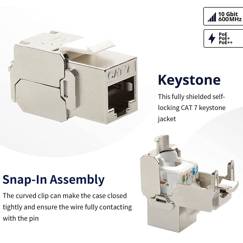 24 Pcs Cat7 Cat6a Keystone Jack Cat 7 RJ45 STP Tool-Less Type Zinc Alloy Module Jacks Adapter Coupler for 22 to 26 AWG Solid or Stranded S/FTP Ethernet Cable 24 Pcs