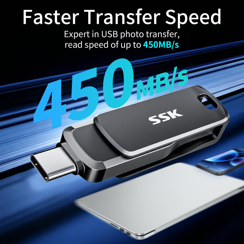 SSK 128GB Flash Drive up to 450MB/s Thumb Drive USB C+A 3.2 Memory Stick | Support OTG,Dual Connection,USB Keychain,1GB in 2.3s,2 in 1 Pendrive for iPhone 15/16/17/Android/Laptop,Zinc Alloy Keyhole