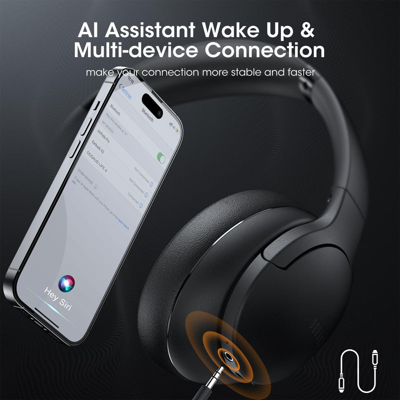 DOQAUS 𝐔𝐩𝐠𝐫𝐚𝐝𝐞𝐝 Bluetooth Headphones Over Ear, 90H Playtime Bluetooth 5.3 Wireless Headphones 3 EQ Modes, Built-in HD Mic, HiFi Stereo Sound,Deep Bass,Memory Foam Ear Cups for Phone/PC Black