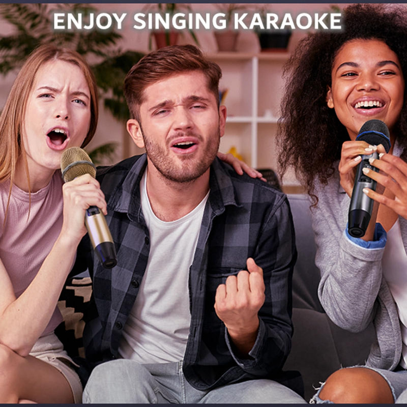 Wireless Microphones for Karaoke: Dual Professional Karaoke Microphone for Singing, Rechargeable Dynamic UHF Mic System with Receiver for Church, Party, Meeting, Speech, PA System, Plug and Play Gold & Gray
