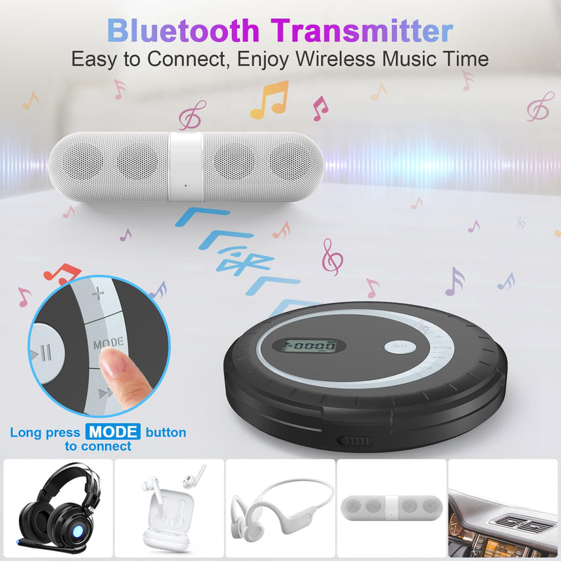 Portable Bluetooth CD Player - Bluetooth CD Player for Car with Anti-Skip Protection, Small Rechargeable CD Player for Home, Walkman CD Player Portable with Headphones with HiFi Stereo Sound Black