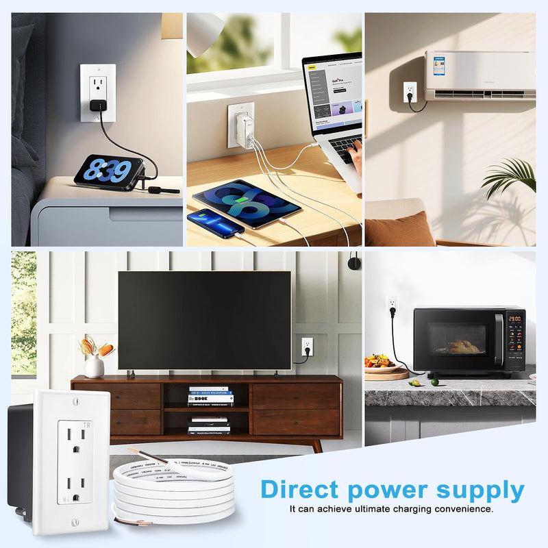 in-Wall Outlet Relocation Kit, 2 AC Outlets, 8 ft Cord, White | Recessed 2-outlet wall box and 8 ft cord for relocating power and hiding TV cords