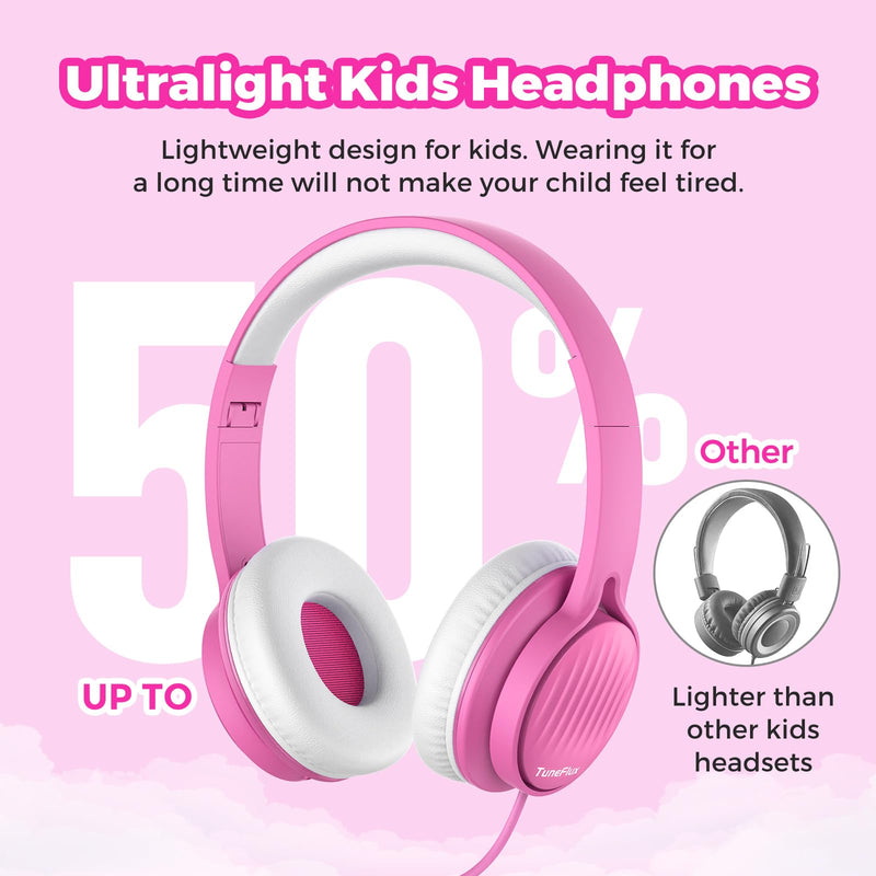 [AUSTRALIA] - TuneFlux Upgraded Kids Headphones, Wired Toddler Headphones, 85dB Limited Volume On Ear Headphones, Portable Foldable Design, Stereo Sound Kids Headphones for School/Tablet/Travel-Pink Pink 