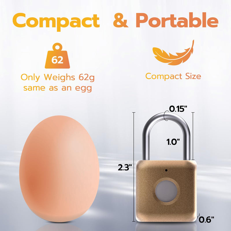 Pothunder Fingerprint Padlock, Smart Padlock, Locker Lock, Biometric Metal Keyless Fingerprint Lock, USB Rechargeable, for Gym Locker, Luggage, Backpack(Placer Gold) Placer Gold