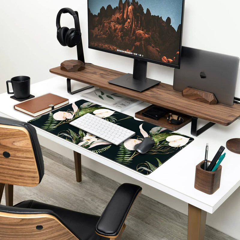 Desk Mat Black and Gold White Rose Flowers Decor Large Keyboard Mouse Pad for Laptop Pc Setup Desk Cover Protector Desk DéCor for Office Home Work Gaming 31.5" X 15.7" Stitched Edge Non-Slip Design A Blue black