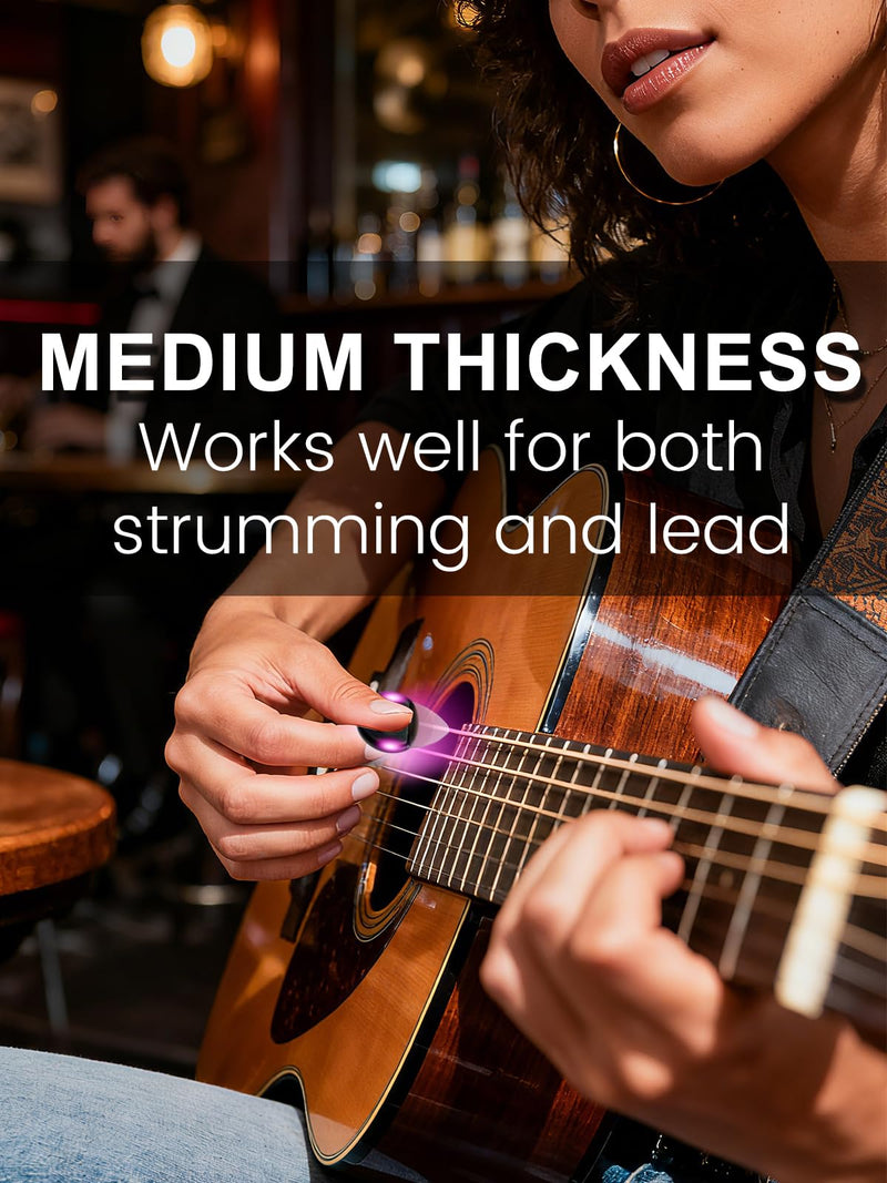 Guitar Gifts Glow in The Dark LED Pick, 0.6mm Automatically Lights Up with Replaceable Battery for Electric Acoustic Bass, Musical Present for Men Women Musicians (2-Pack, Green & Purple) Green+purple