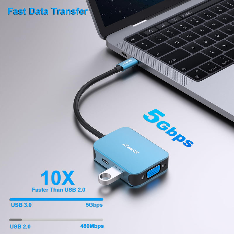 [AUSTRALIA] - BENFEI USB C HUB 4in1, USB Type-C to HDMI VGA Adapter, USB C to USB Adapter, USB Type-C Power Delivery, Compatible with iPhone 15 Pro/Max, MacBook Pro/Air 2023, iPad Pro, iMac, S23, XPS 17 1 Blue 