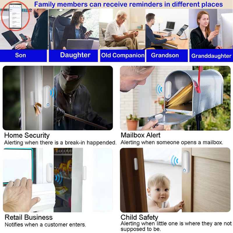 Caregiver Pager WiFi Door Alarms for Dementia Patients with Phone App,WiFi Smart Door Sensor Alarm for Kid Safety/Home Security/Elderly/Business/Store/Mailbox(2 Sensor 1 Gateway) Two Sensor 1 Wifi Receiver