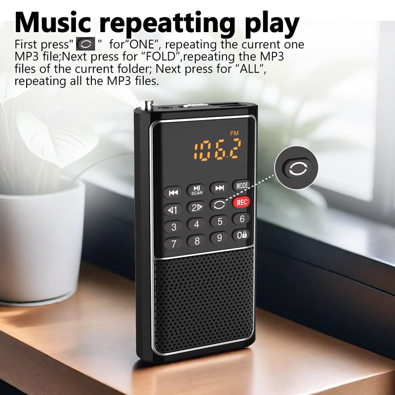 B01 Mini Portable FM Radio USB Player, TF/SD Card/USB Slot Support Mp3 Play Rec,Pocket Walkman Small Radio with Lock Key,Wristband,Rechargeable Battery Operated, Excellent Reception and Sound BLACK