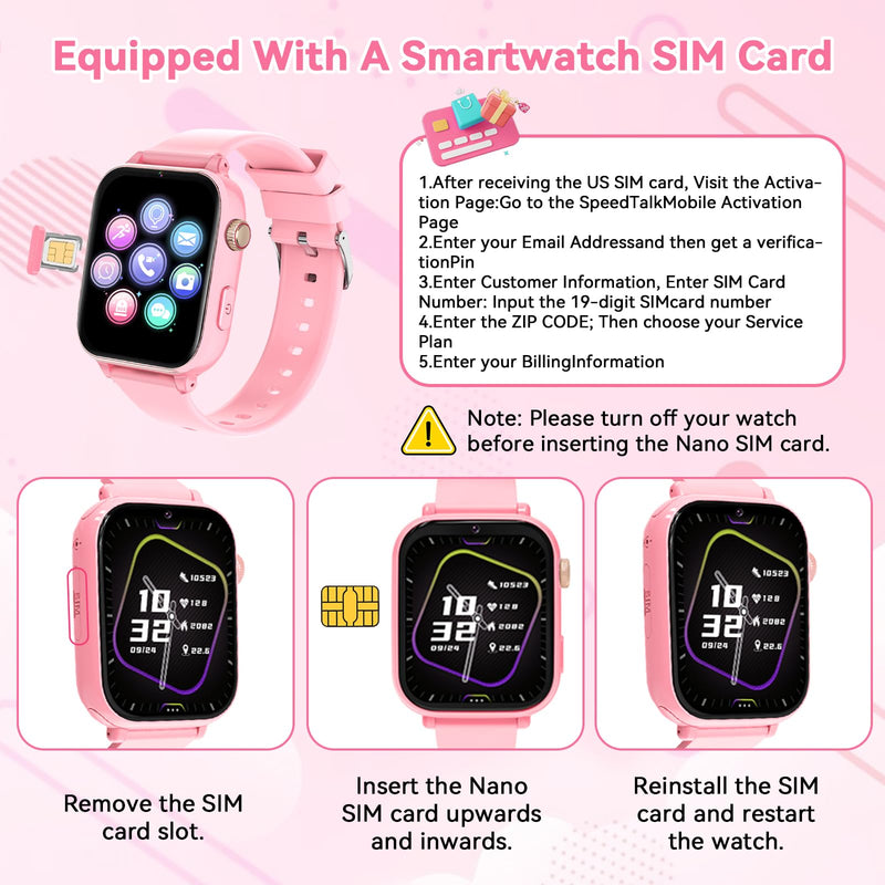 4G Kids Smart Watch Phone GPS, Smartwatch for Boys Girls Ages 4-12 Years with Video Call Chat Class Mode SOS Camera Alarm Games Parental App Touch Watch Gifts for Children (Includes SIM Card) Pink Rose Pink