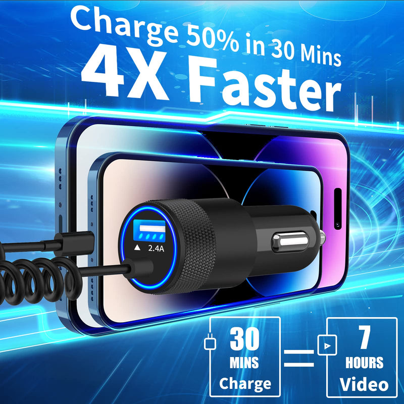【MFi Certified】iPhone Fast Car Charger, Caiinei 4.8A Dual USB Power Car Charger Fast Charging Cigarette Lighter Adapter+6FT Coiled Lightning Cable for iPhone 14 13 12 11 Pro/XS Max/Mini/XR/X/8/SE/iPad Ceramic Black