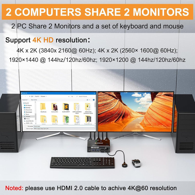 KVM Switch 2 Computers 2 Monitors for HDMI Device | Dual Monitor KVM Switcher USB 3.0 Version, 4K@60Hz 2 Monitors 2 PC KVM with EDID Function to Keep Window in Right Place Black 10.18 CM KVM switch for 2 monitors 2 PC