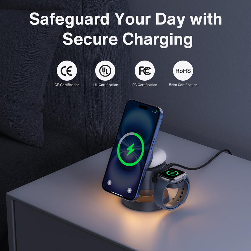 [AUSTRALIA] - iVANKY for iPhone 16 Pro Max 4 in 1 Wireless Charging Station with Mushroom Light for MagSafe Magnetic Charger, 22.5 W Travel Stand, 3 in 1 Fast Charge Multiple Devices, Apple iWatch Ultra, Airpods 4 in 1 with Night Lamp Without Power Adapter 