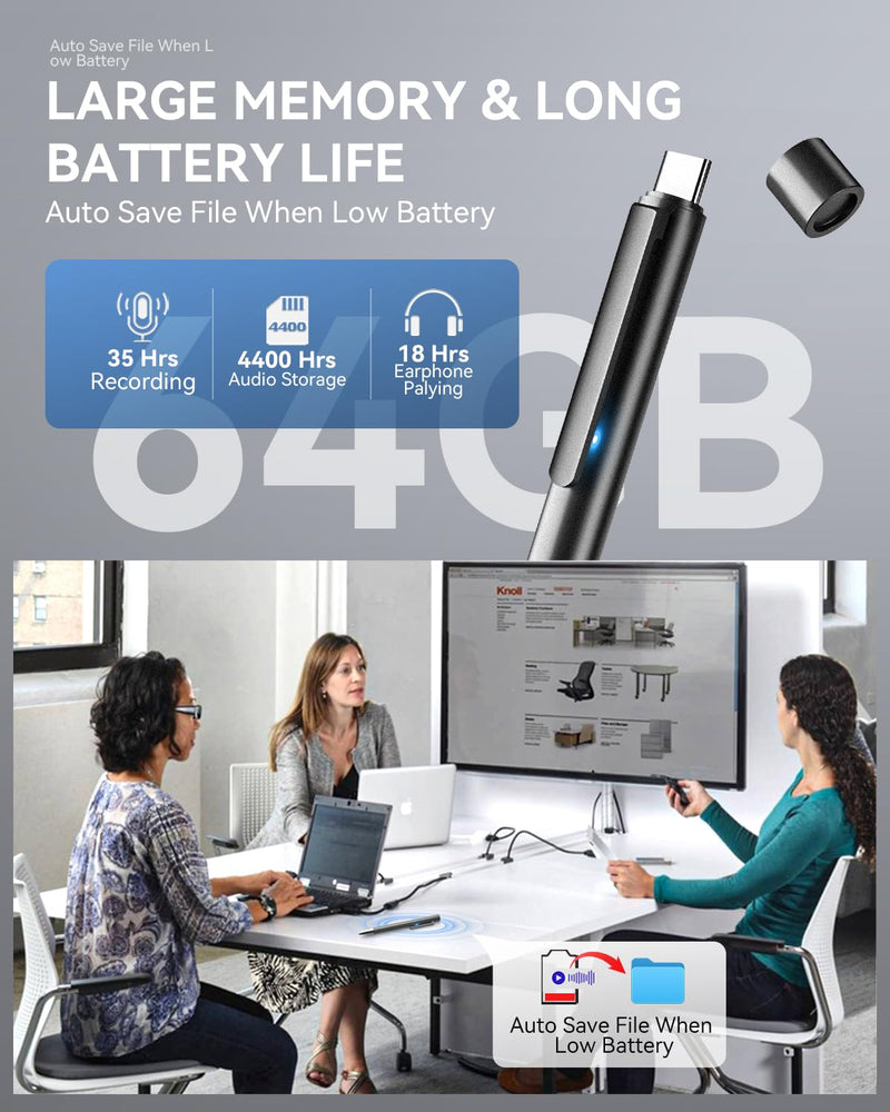 [AUSTRALIA] - 64GB Digital Voice Recorder, Recording Device with Noise Reduction, Voice Activated Tap Recorder for Lectures,Meetings, Work, Interviews, Class Black 