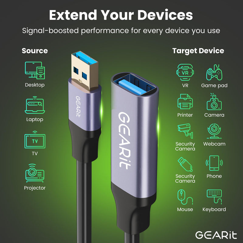 GEARit USB 3.0 Active Extension Cable (30 Feet) A-Male to A-Female USB Repeater with Signal Booster for Oculus Rift, Quest Link, Xbox 360 Kinect, PlayStation, Printer, Webcam - 30ft Black 30 Feet