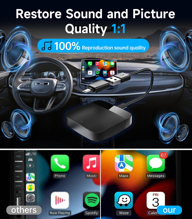 Wireless Carplay Adapter, Converts Wired to Wireless Carplay Dongle for Wireless Control Plug & Play Carplay Fit for Cars from 2017 & for Apple iPhone iOS 10+, Navigation, Music, etc. Black