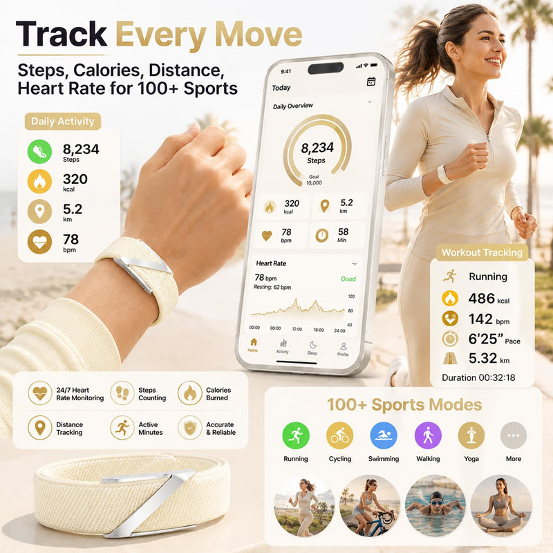Fitness Tracker Wearable Activity Tracker AI Sleep 24/7 Heart Rate Monitor Multi-Sport Tracking Screenless SOS Fall Detection Waterproof & Long Battery Life Smart Bracelet for Men Women Senior beige