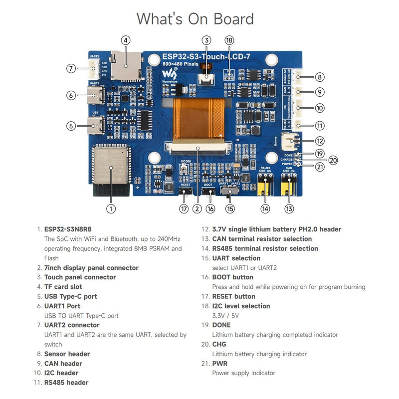 Waveshare ESP32-S3 7inch Capacitive Touch LCD Development Board, ESP32 with Display, 800×480, 5-Point Touch, Up to 240MHz Frequency, Supports WiFi & Bluetooth, with Onboard Antenna