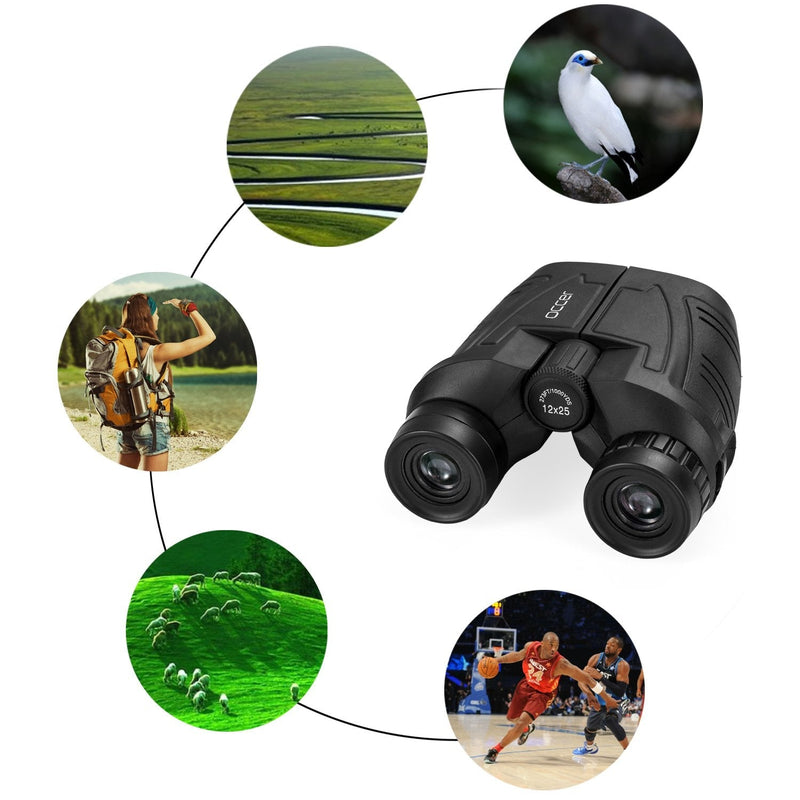 occer 12x25 Compact Binoculars with Clear Low Light Vision, Large Eyepiece Waterproof Binocular for Adults Kids,High Power Easy Focus Binoculars for Bird Watching,Outdoor Hunting,Travel,Sightseeing Black
