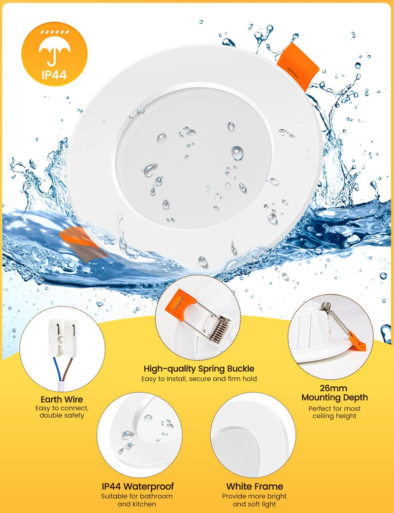 LED Recessed Spotlight 230 V, 6 W Flat Ceiling Spotlight, LED Spot IP44, Warm White 3000 K Ceiling Spotlights, 600 LM, 68-80 mm Installation Diameter, Bathroom Recessed Lights for Bathroom, Kitchen,