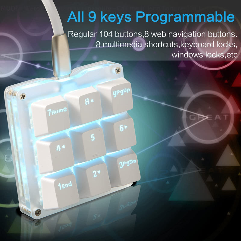 Koolertron One Handed Macro Mechanical Keyboard,Blue LED Backlit Portable Mini One-Handed Mechanical Gaming Keypad OSU! Keyboard 9 Fully Programmable Keys White/Red Switches/Blue LED
