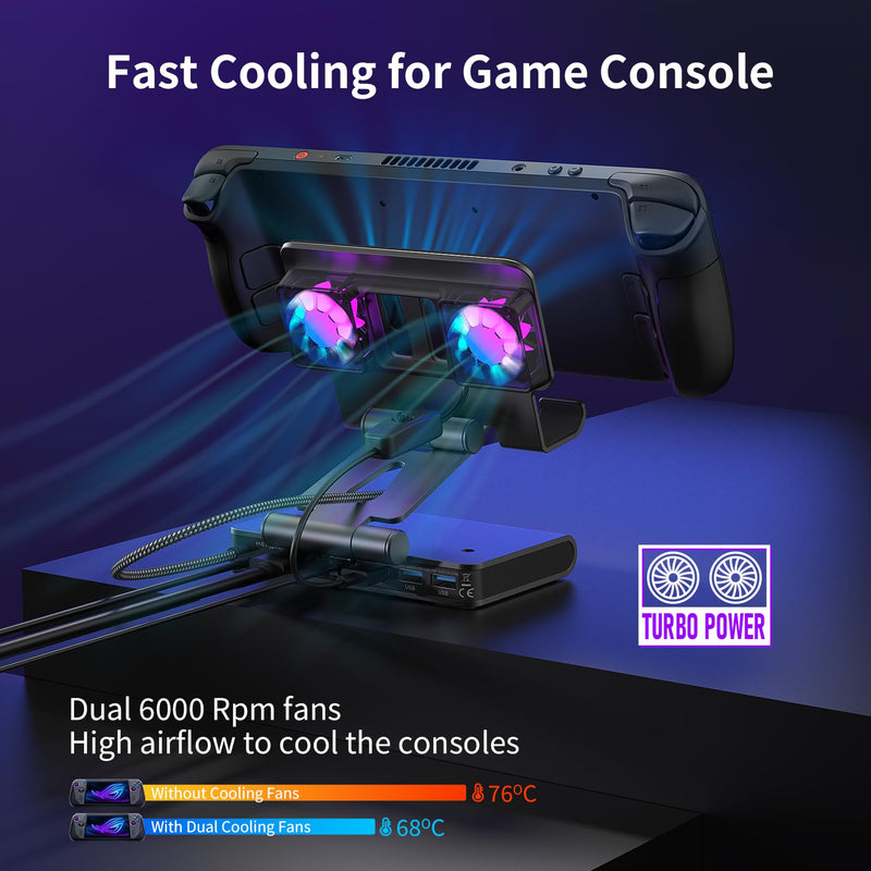 Adjustable Stand Steam Deck Docking Station with RGB Light Cooling Fan | 4K@60Hz, PD100W, Gigabit Ethernet Fit and HDMI for Steam Deck/ROG Ally X/Legion Go (S)/MSI Claw/Switch Non-Detachable Fan