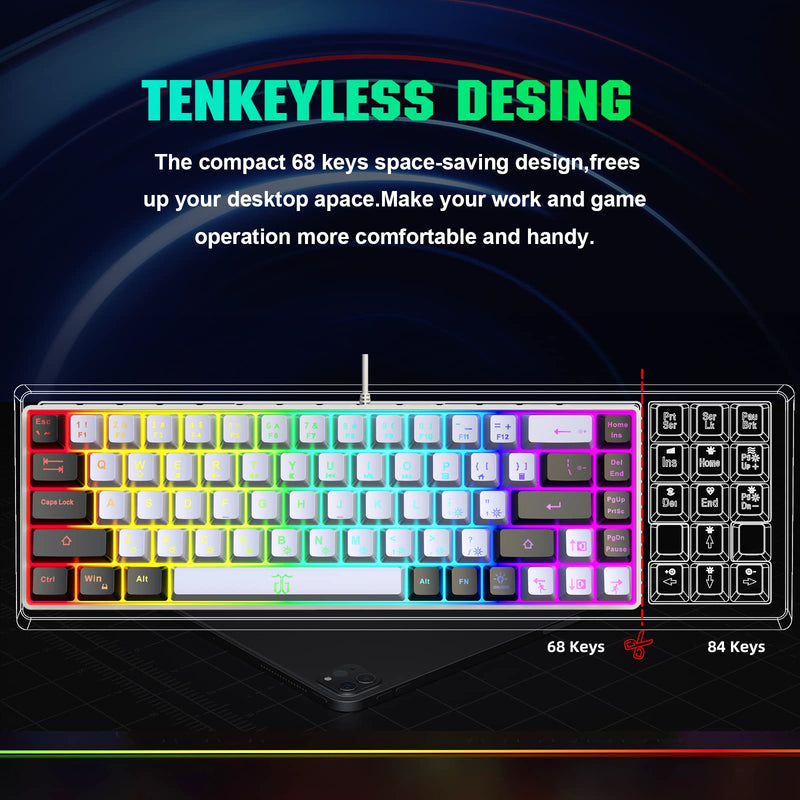 Snpurdiri 60% Gaming Keyboard, RGB Backlit Mini Keyboard,Built-in Steel Plate, Membrane Keyboard but Super Mechanical Feel for Windows PC Gamers(68 Keys,White-Black) White Black