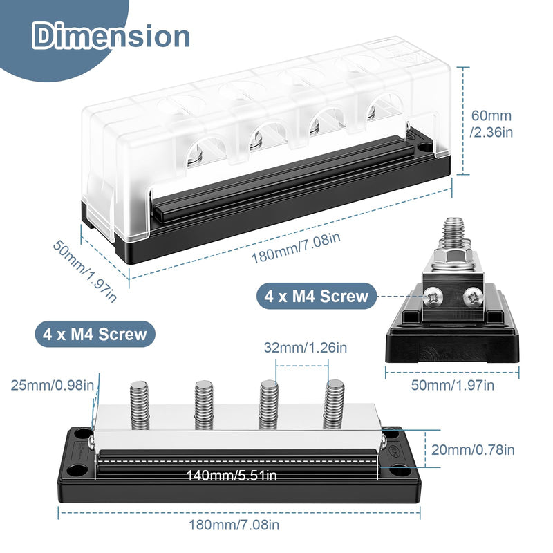 600A 48V DC Heavy Duty Bus Bar Power Distribution Terminal Block | C11000 tin-plated copper,4×M10+4×M4 studs,quick mount,for marine,automotive,RV,boat,solar positive negative power busbar