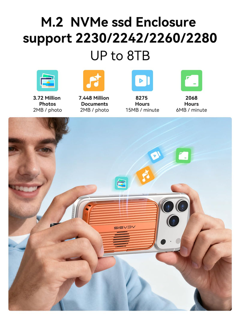 ACASIS 10Gbps Magnetic M.2 NVMe SSD Enclosure With 4K ProRes Recording M.2 EnclosureCompatible IPhone 17/16/15 Pro/Pro Max Magnetic SSD Enclosure with Cooling Fan For Video Editor/Blogger/Videographer orange