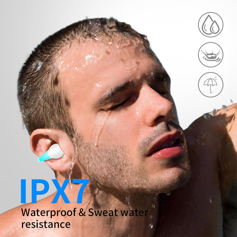 Comfort Clip On Earbuds, Bluetooth 6.1 Open Ear Bone Conduction Headphones, with Digital Display Charging Case Sport Earphones Built-in Mic Waterproof for Running Fitness Exercise, White-Blue